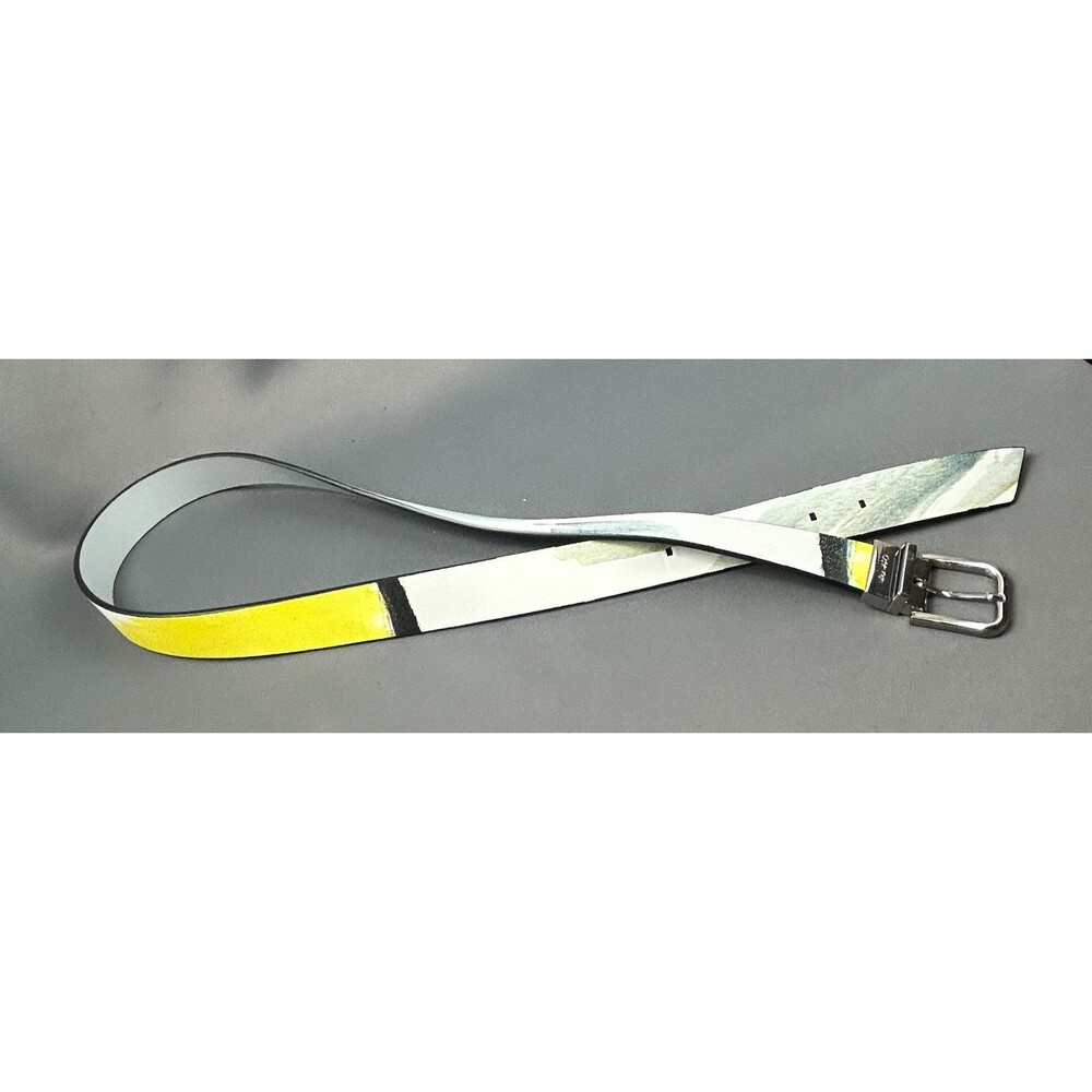 Calvin Klein Leather 1.25" White Yellow Graphic Belt Size L Silver Tone Buckle - Picture 11 of 16